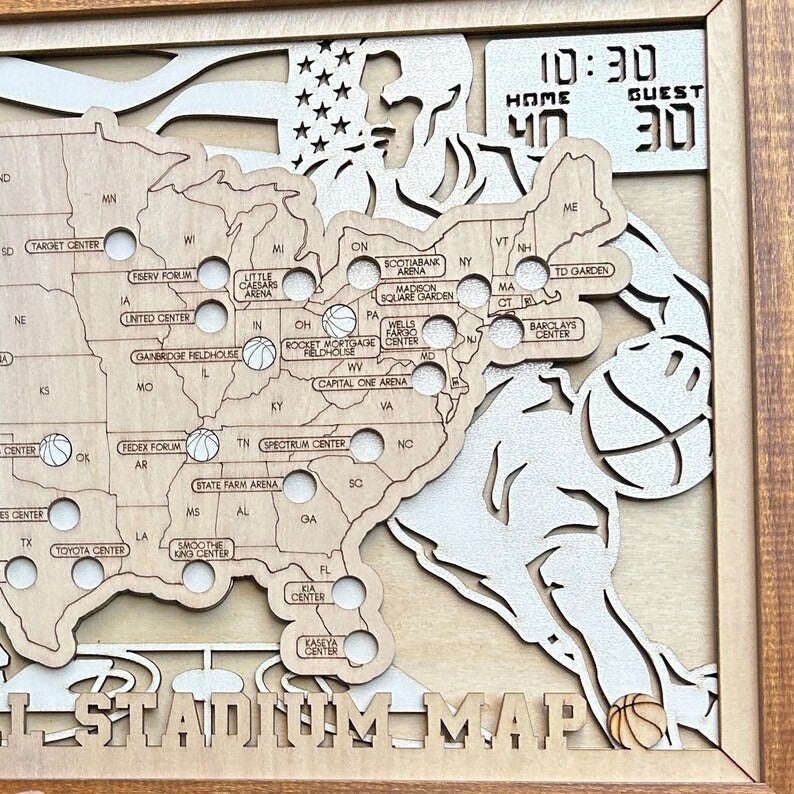 Personalized Basketball Arena Tracker Map – Natural Wood Background