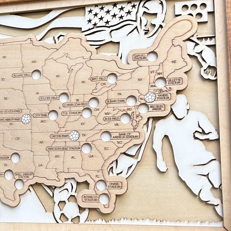 Personalized Soccer Stadium Tracker Map – Natural Wood Background