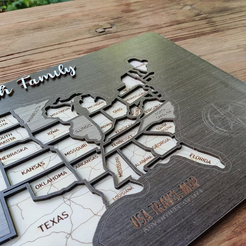 Personalized USA States Puzzle Map(Black Oak)
