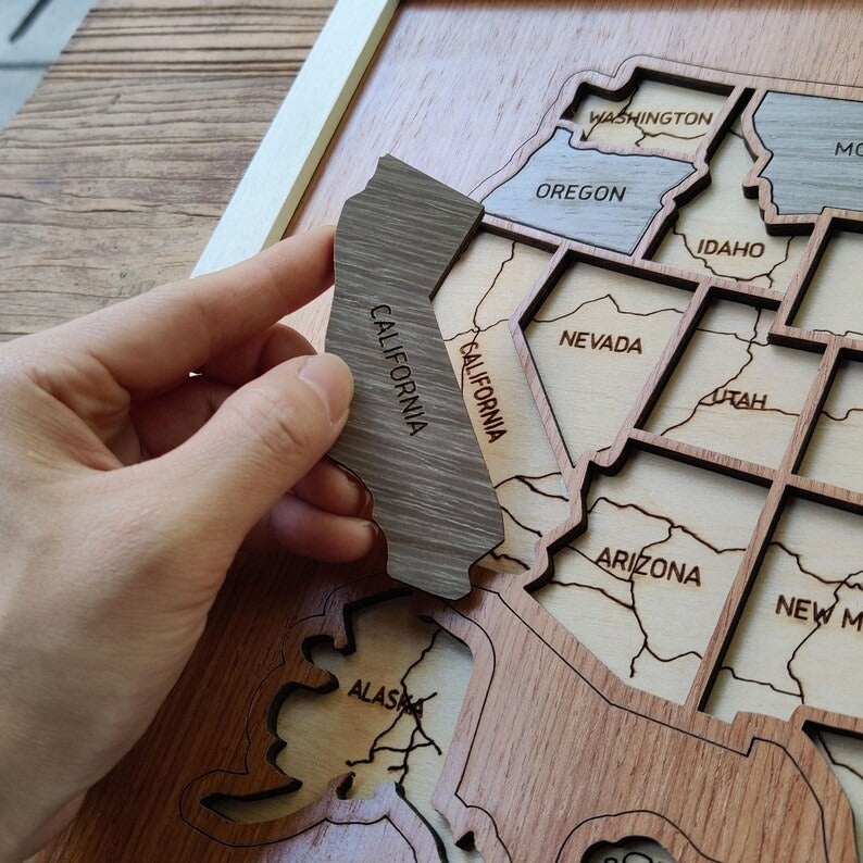 Personalized USA States Puzzle Map(Walnut)