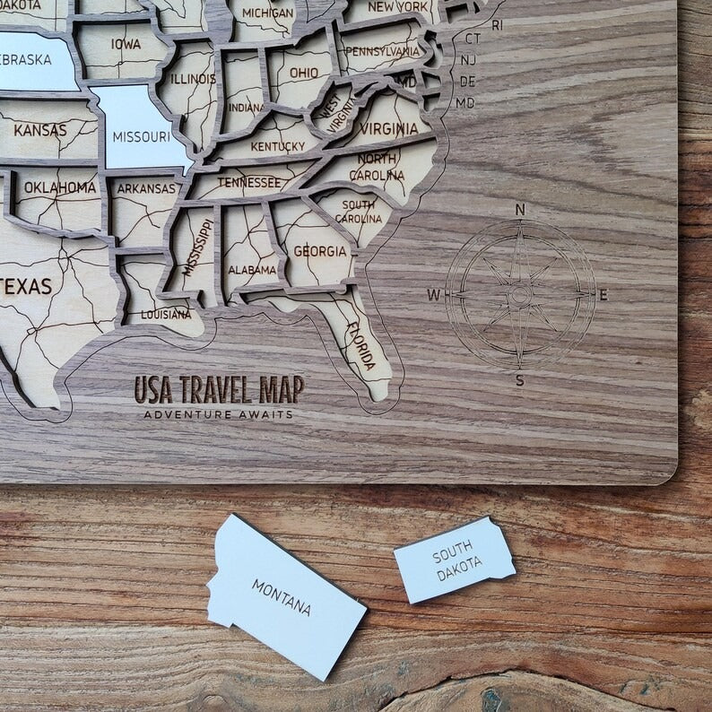 Personalized USA States Puzzle Map(Walnut)