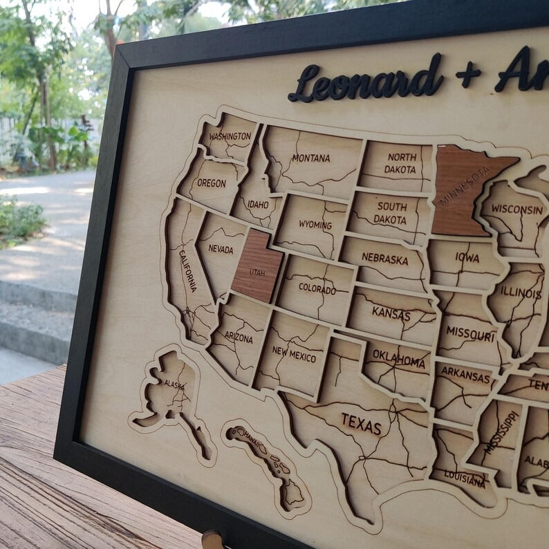 Personalized USA States Puzzle Map(Natural Wood)