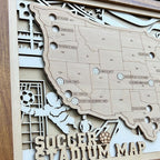 Personalized Soccer Stadium Tracker Map – Natural Wood Background