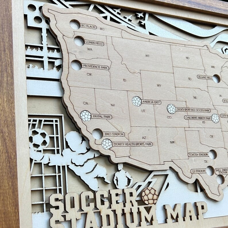 Personalized Soccer Stadium Tracker Map – Natural Wood Background