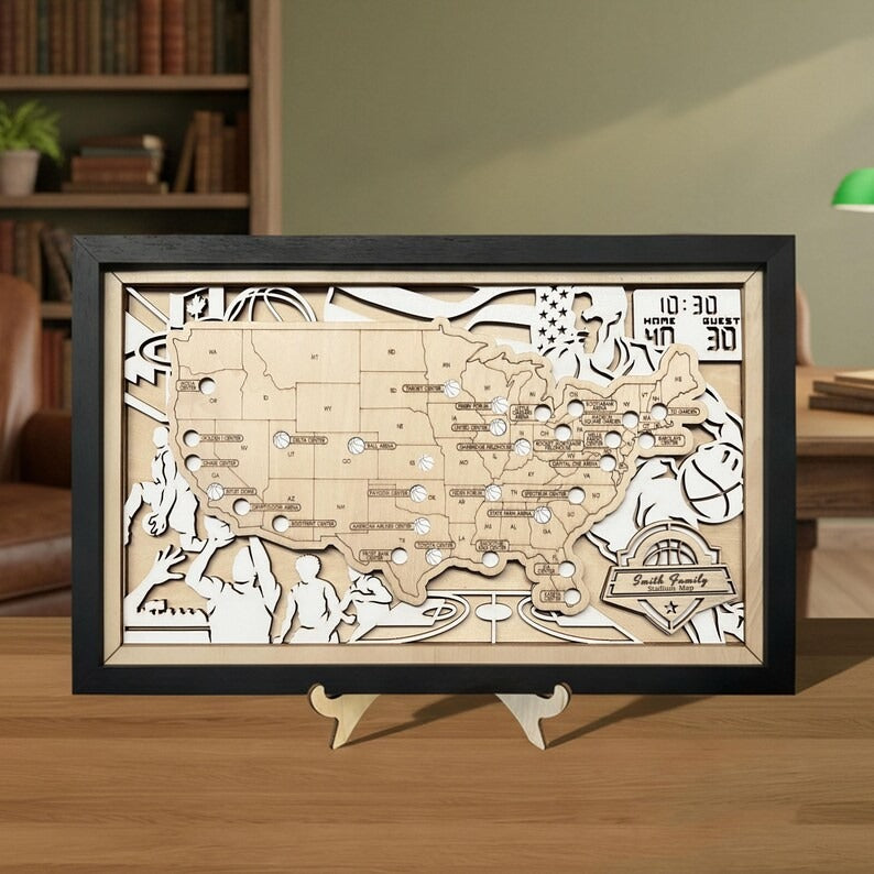 Personalized Basketball Arena Tracker Map with Nameplate – Natural Wood Background