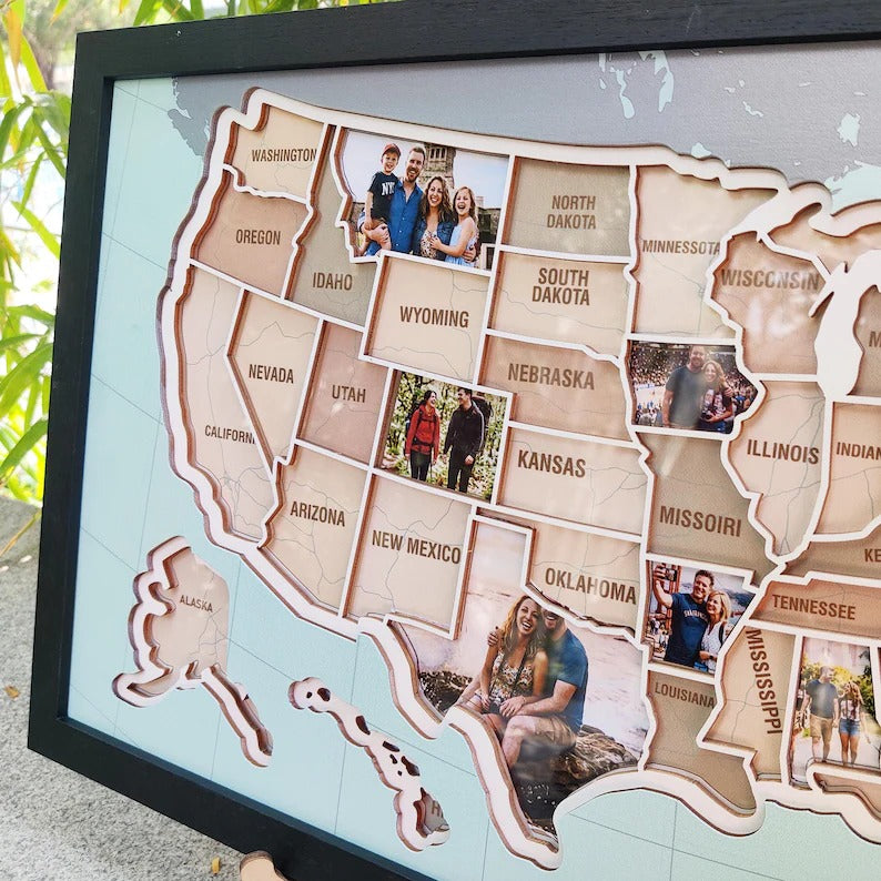 Personalized USA Photo Travel Map - Light Blue
