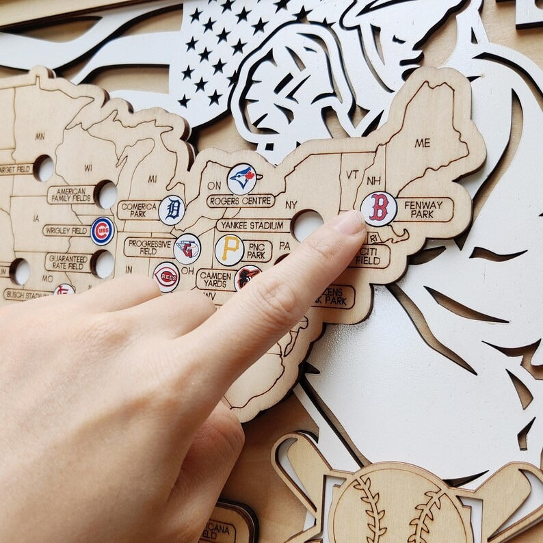 Personalized Wooden MLB Stadium Map with Engraved Nameplate & Team Logo Pins