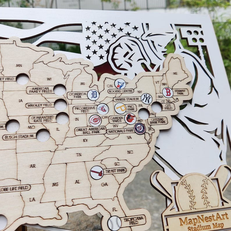 3D Cutout Wooden MLB Stadium Map with Engraved Nameplate & Team Logo Pins
