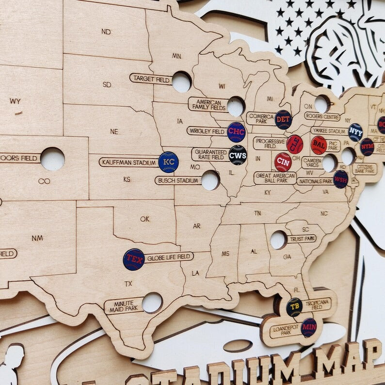 Personalized Wooden MLB Stadium Map with Colorful MLB Team Pins