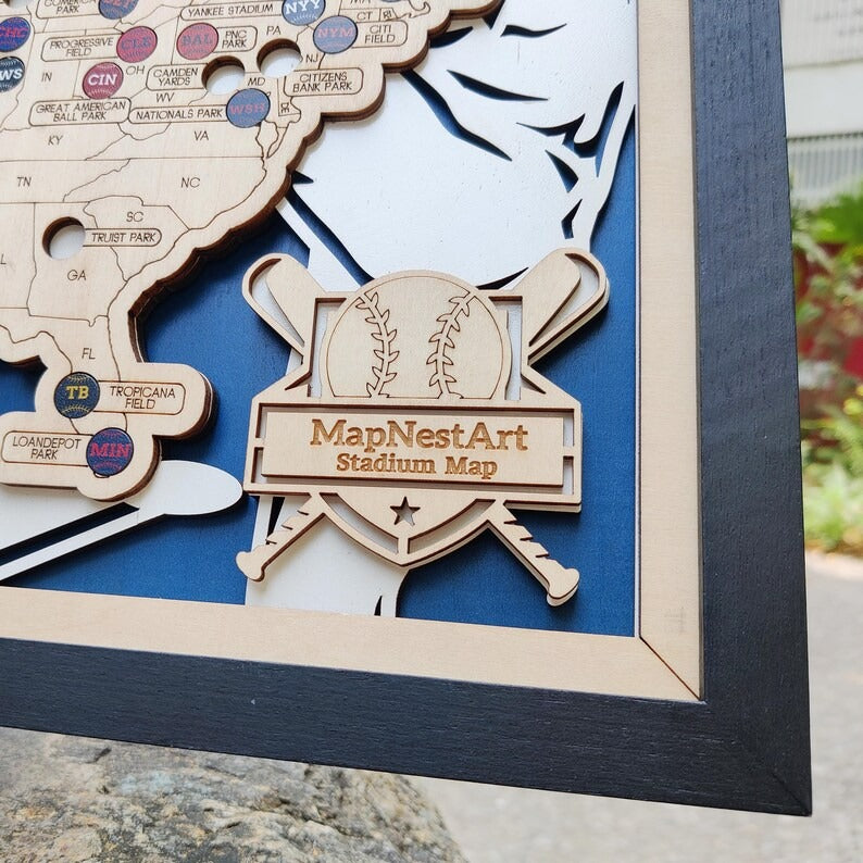 Custom Color MLB Stadium Map with Nameplate & Team Pins