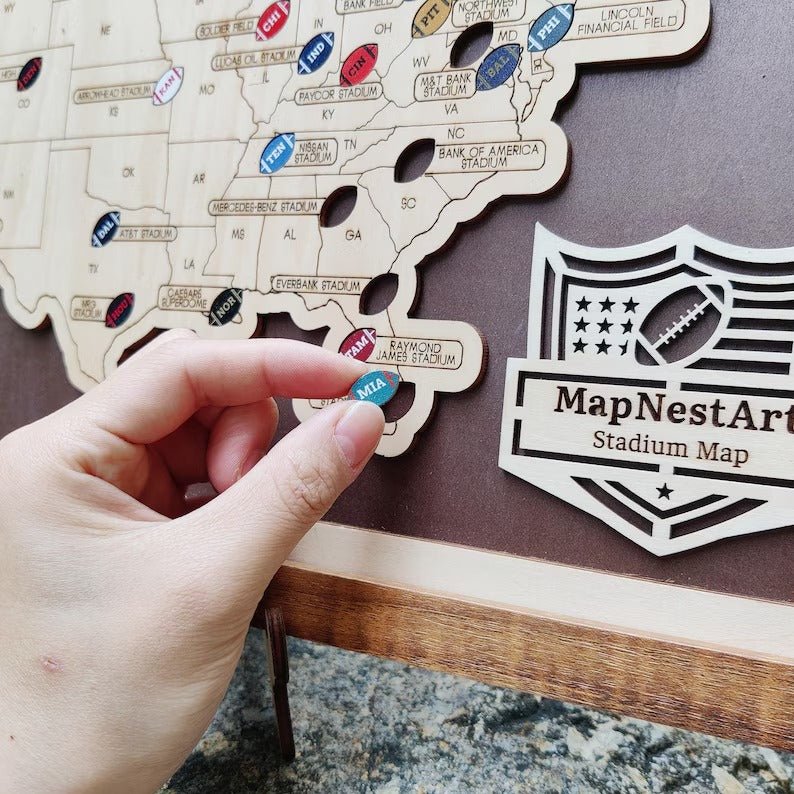 Personalized Brown Wooden NFL Stadium Map with Team Name Pins - Mappae Pilot