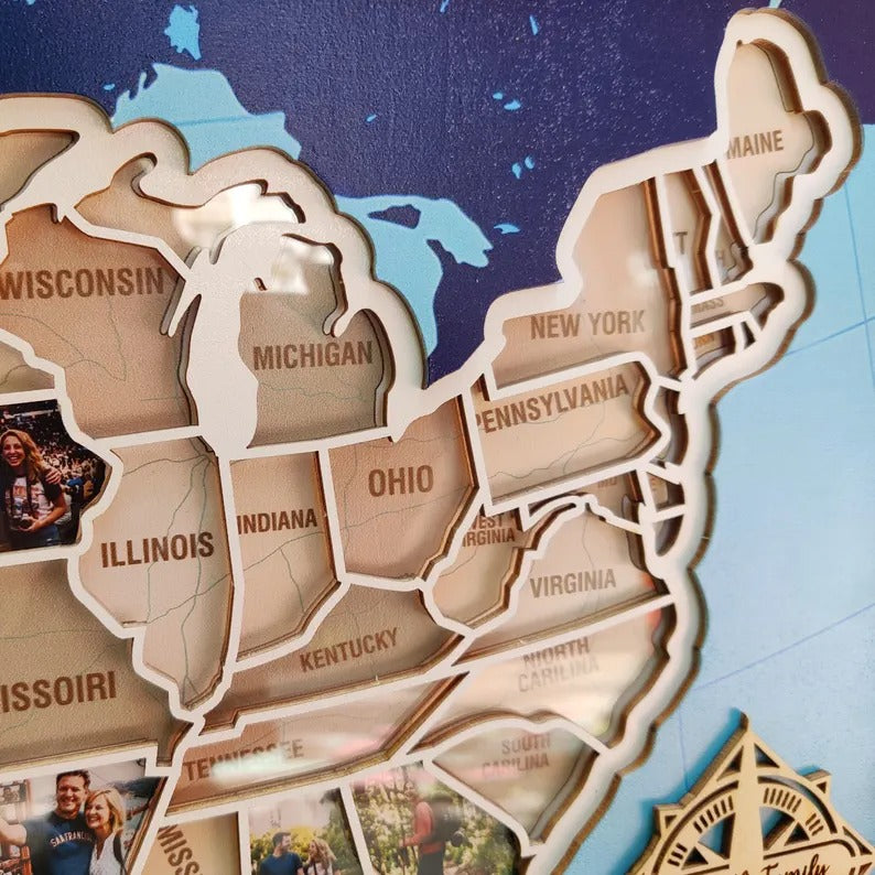 Personalized USA Photo Travel Map - Dark Blue