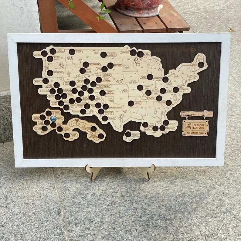 Wooden US National Parks Map - Custom Camping Tracker Wall Art