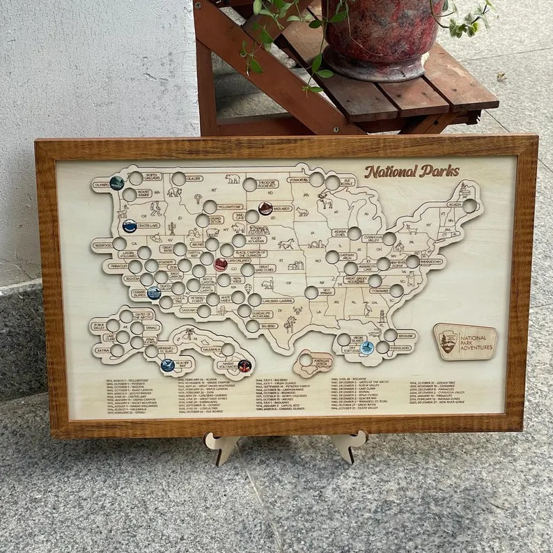Wooden US National Parks Map - Explore More Sign With Color Pin