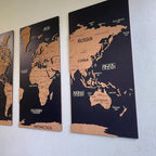 3D Wooden Triptych World Map - 3-Panel Push Pin Travel Wall Art