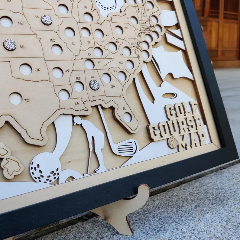 Personalized Golf Course Tracker Map – Natural Wood Background