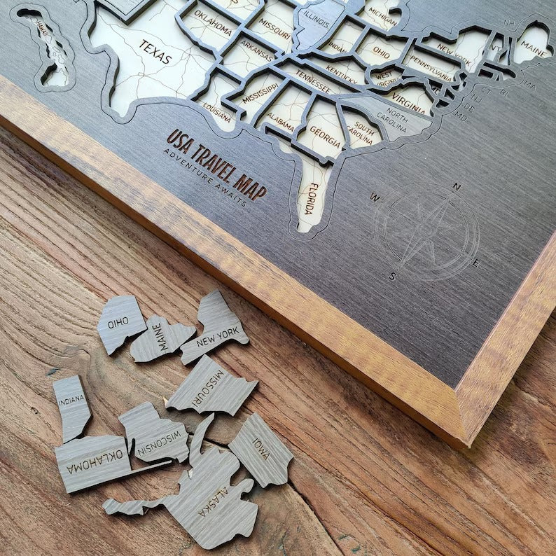 Personalized USA States Puzzle Map(Black Oak)