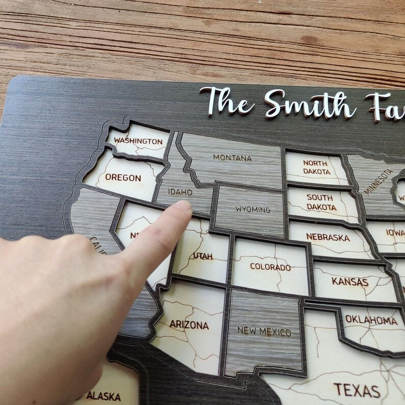 Personalized USA States Puzzle Map(Black Oak)