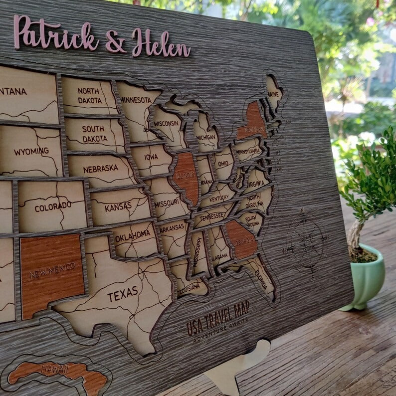 Personalized USA States Puzzle Map(Gery Oak)