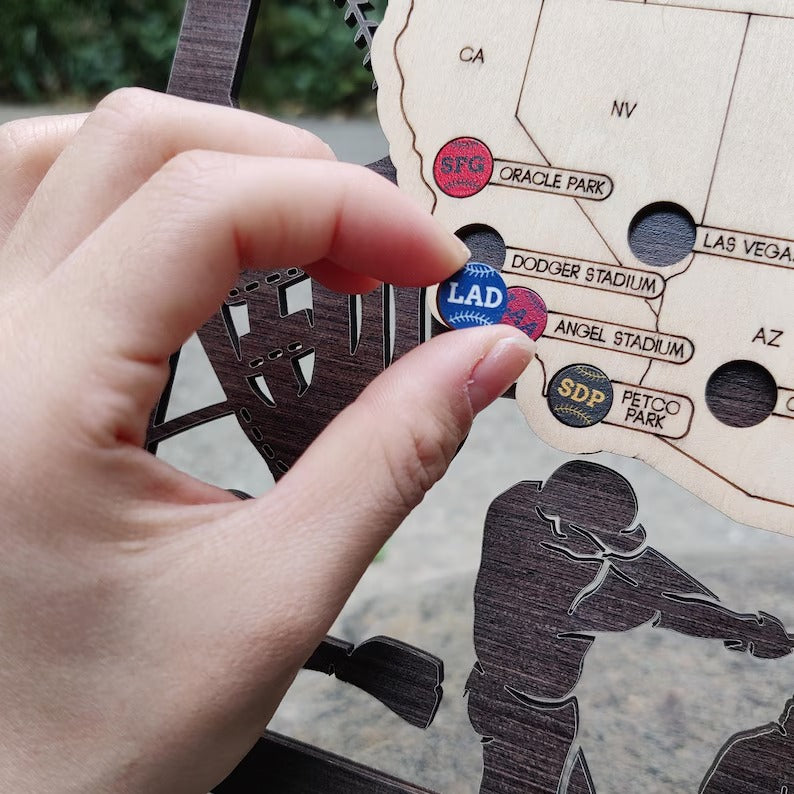 3D Cutout Wooden MLB Stadium Map with Engraved Nameplate & Team Pins