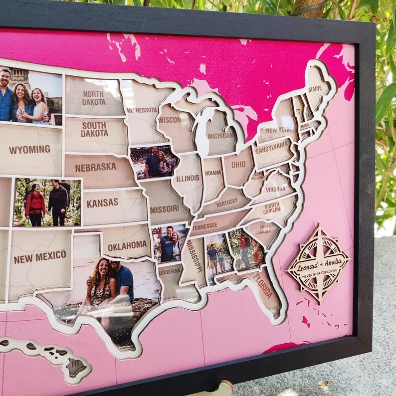 Personalized USA Photo Travel Map - Pink
