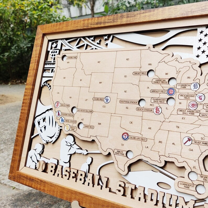 Personalized Wooden MLB Stadium Map with Colorful MLB Team Logo Pins