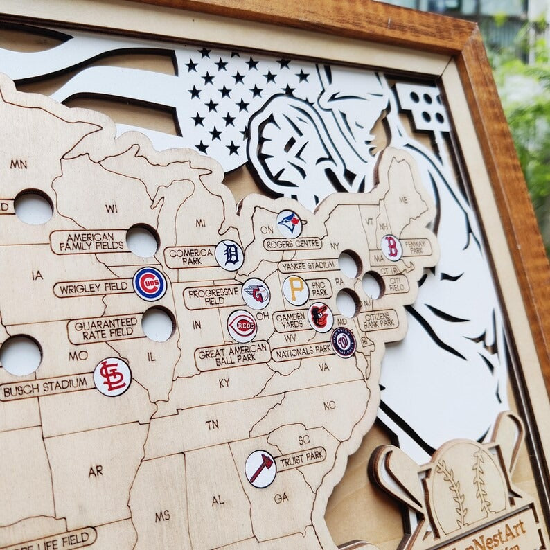 Personalized Wooden MLB Stadium Map with Engraved Nameplate & Team Logo Pins