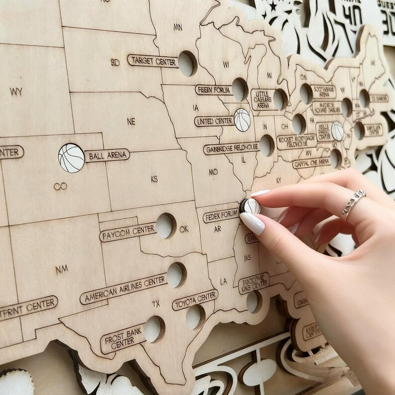 Personalized Basketball Arena Tracker Map with Nameplate – Natural Wood Background