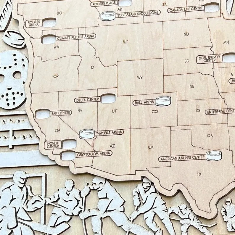 Personalized Hockey Arena Tracker Map – Natural Wood Background