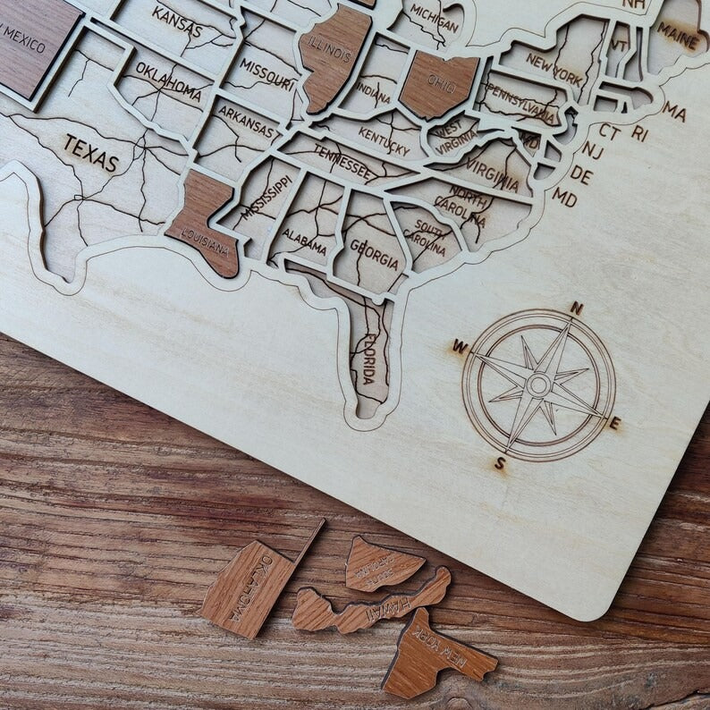 Personalized USA States Puzzle Map(Natural Wood)