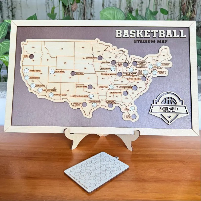 Personalized Basketball Arena Tracker Map – Vintage Brown Background