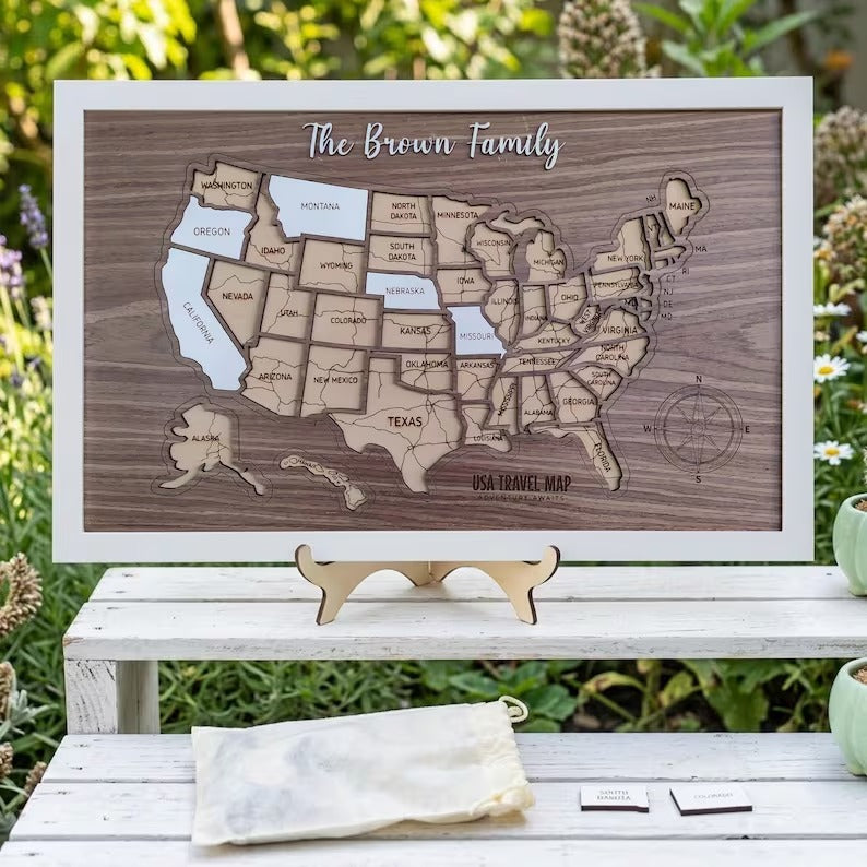 Personalized USA States Puzzle Map(Dark Walnut)