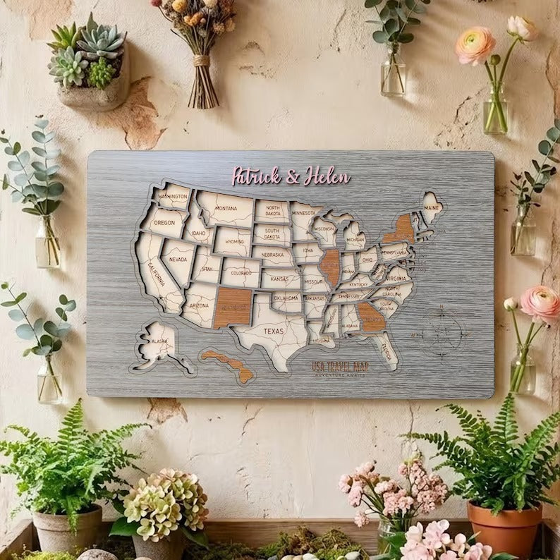 Personalized USA States Puzzle Map(Gery Oak)