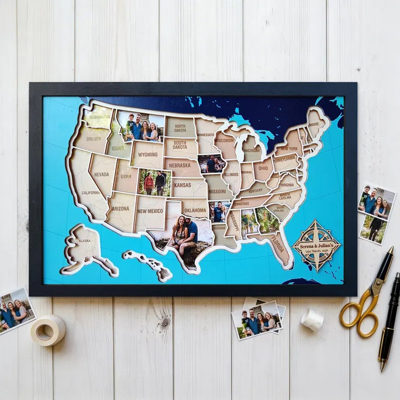 Personalized USA Photo Travel Map - Dark Blue