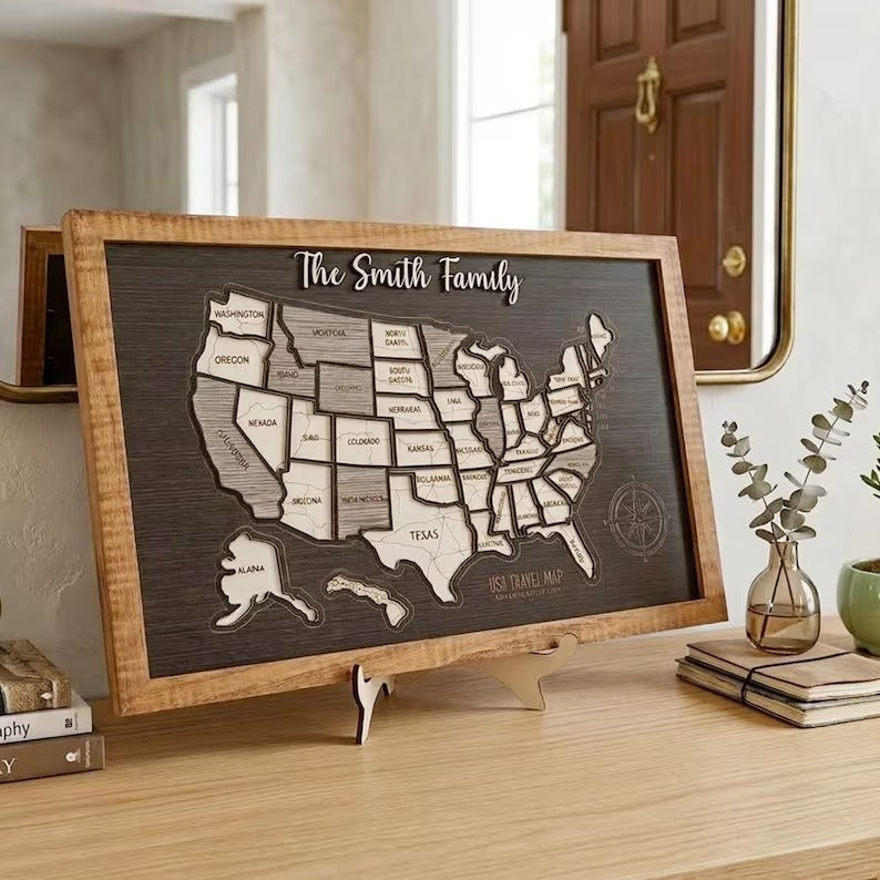 Personalized USA States Puzzle Map(Black Oak)