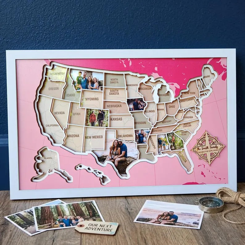 Personalized USA Photo Travel Map - Pink