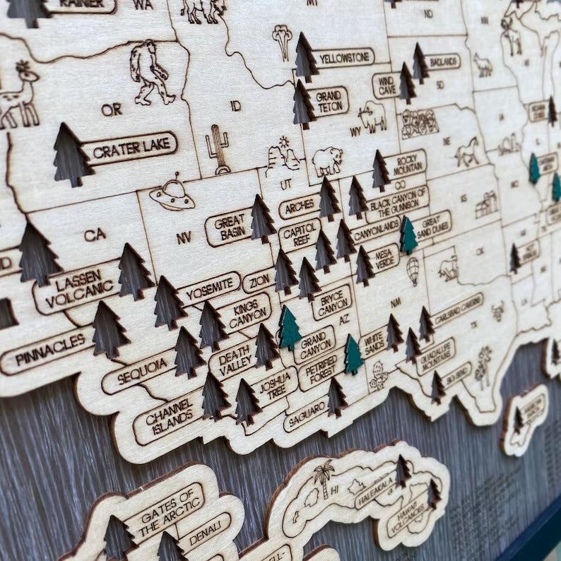 Personalized 2D National Parks Map with Nameplate(Charcoal)