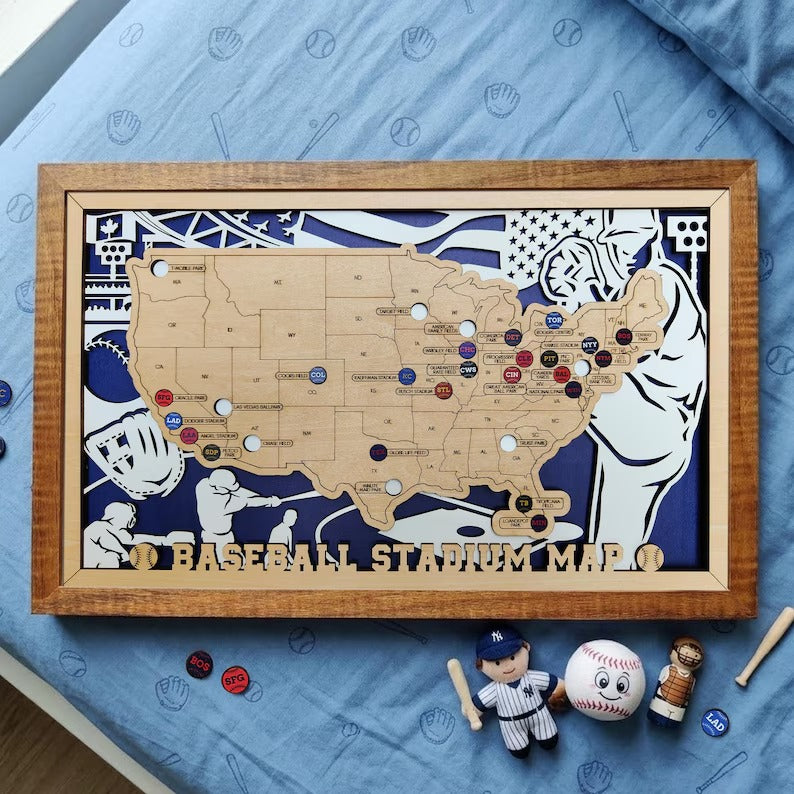 Custom Team Color Wooden MLB Stadium Map with Team Pins