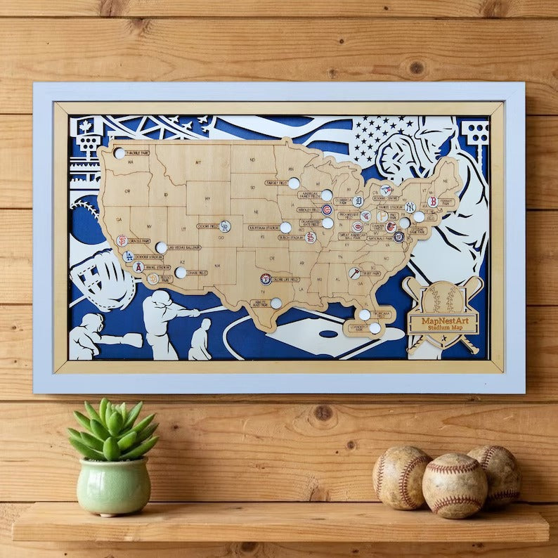 Custom Color MLB Stadium Map with Nameplate & Team Logo Pins