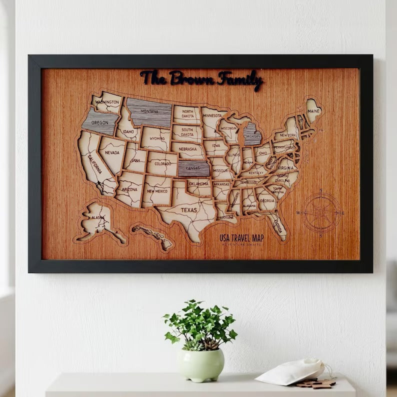 Personalized USA States Puzzle Map(Walnut)