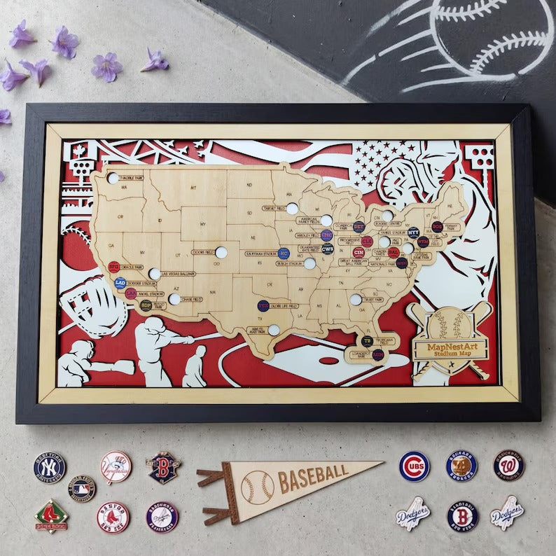 Custom Color MLB Stadium Map with Nameplate & Team Pins