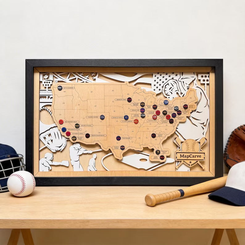 Personalized MLB Stadium Tracker Map with Team Pins