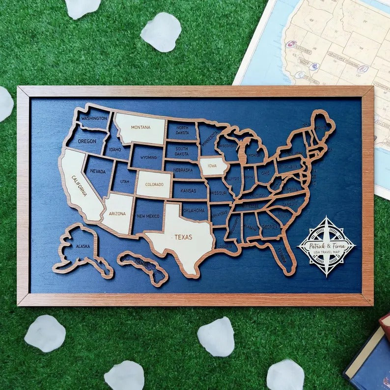 Personalized 50 States USA Travel Map - Custom Color Backboard