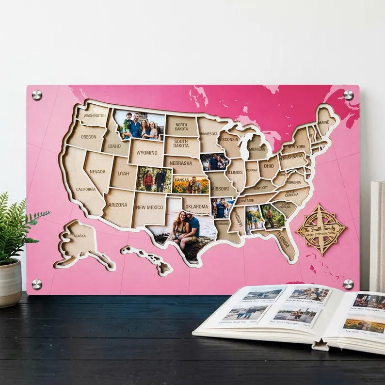 Personalized USA Photo Travel Map - Pink