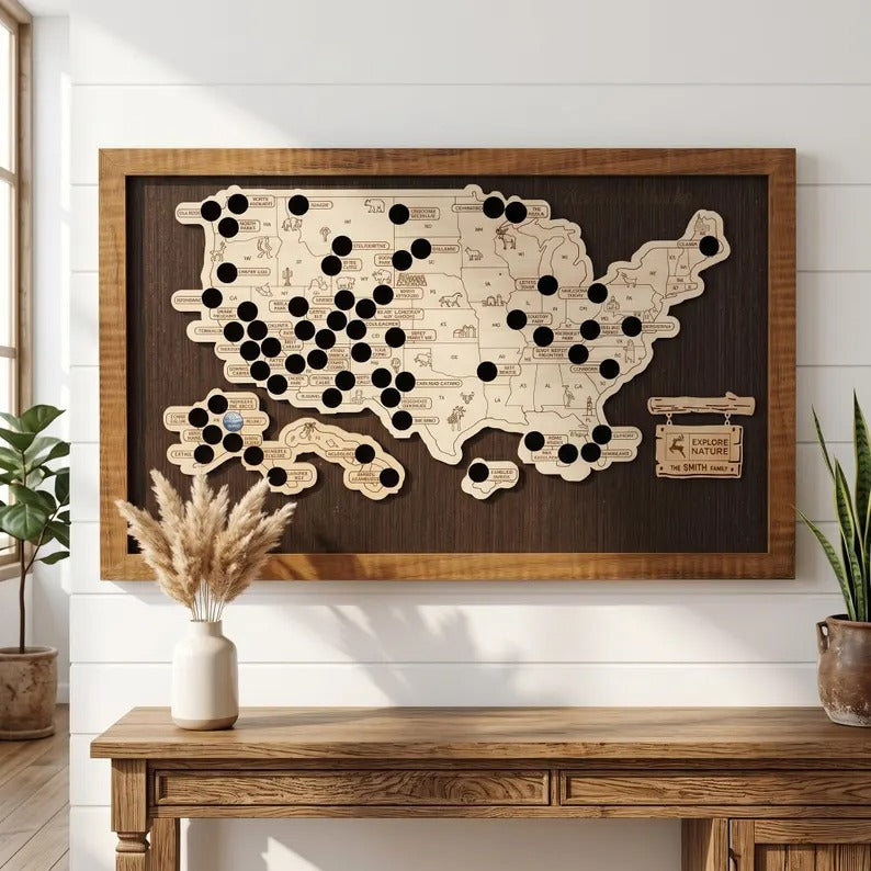 Wooden US National Parks Map - Custom Camping Tracker Wall Art