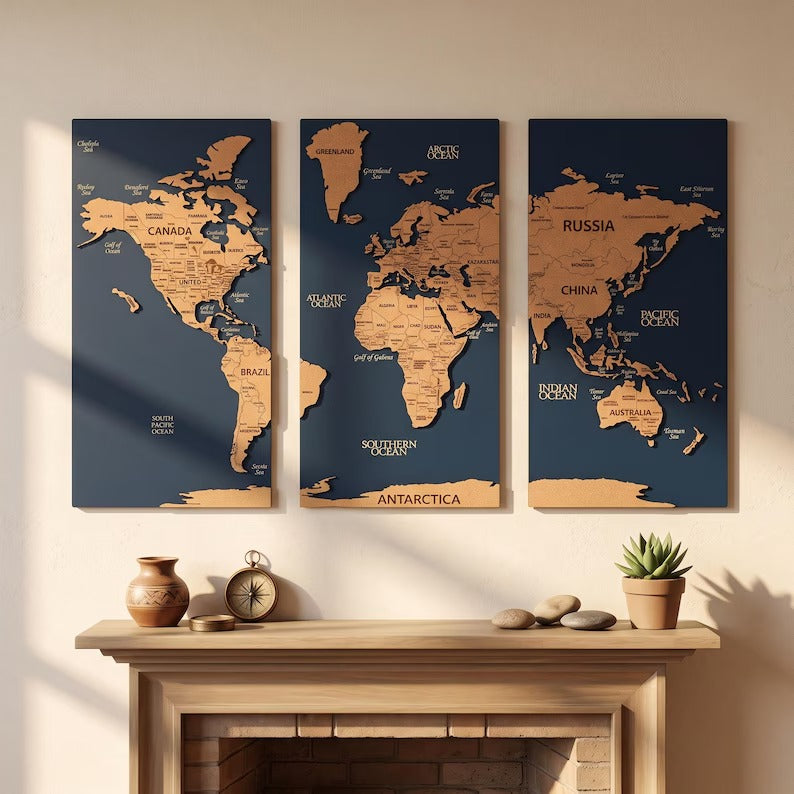 3D Wooden Triptych World Map - 3-Panel Push Pin Travel Wall Art