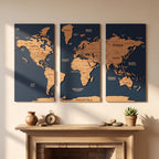 3D Wooden Triptych World Map - 3-Panel Push Pin Travel Wall Art