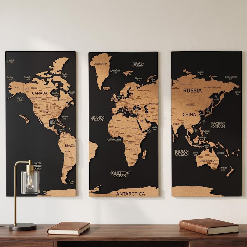 3D Wooden Triptych World Map - 3-Panel Push Pin Travel Wall Art