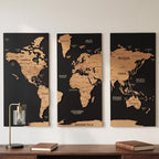 3D Wooden Triptych World Map - 3-Panel Push Pin Travel Wall Art