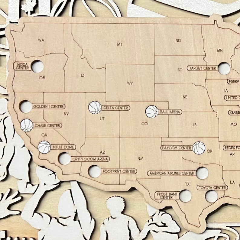 Personalized Basketball Arena Tracker Map with Nameplate – Natural Wood Background